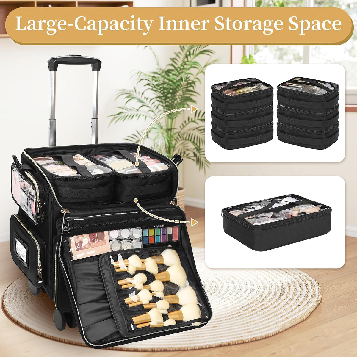 Relavel Rolling Makeup Train Case with 7pcs Traveling Bags and 4 Removable 360° Spinner Wheels