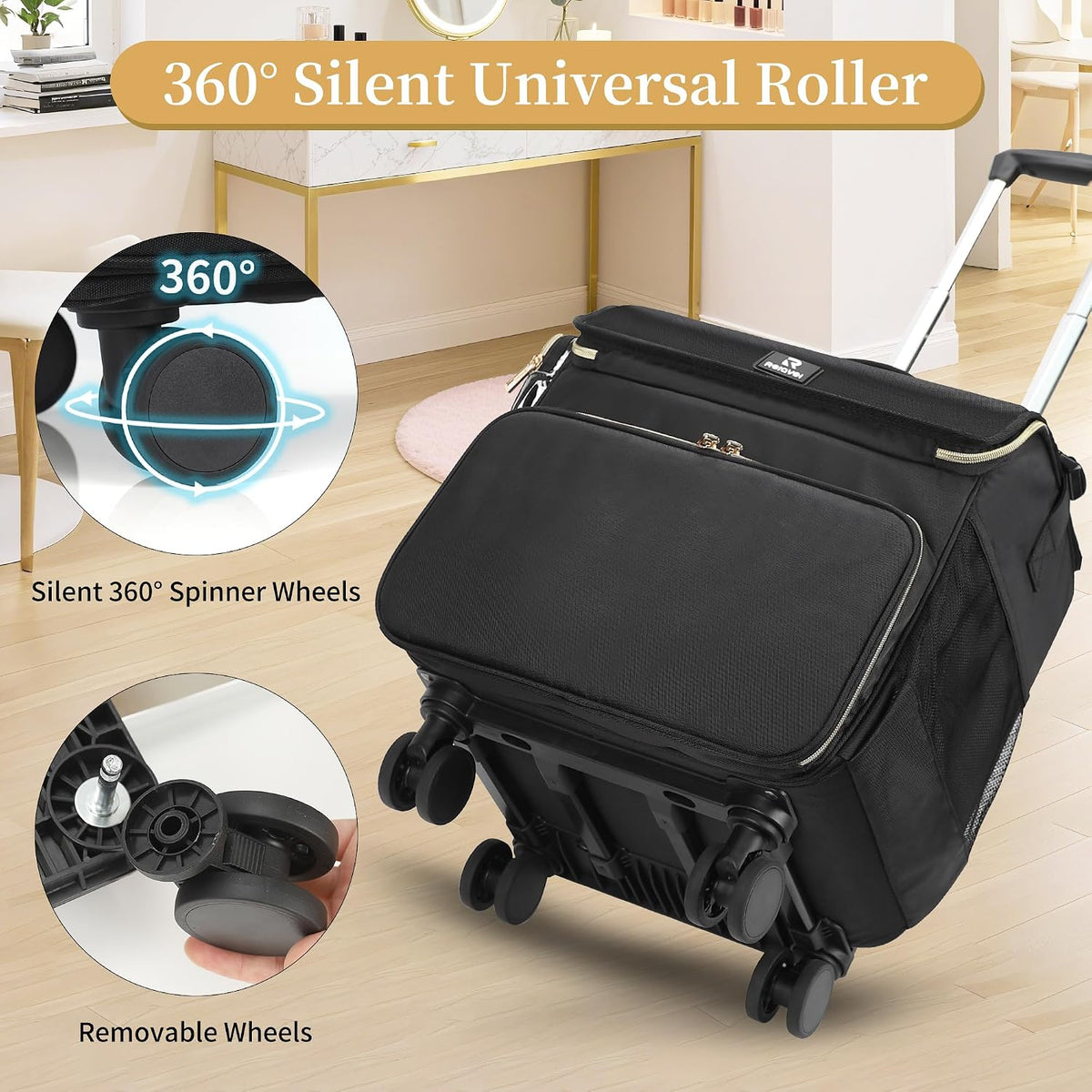 Relavel Rolling Makeup Train Case with 7pcs Traveling Bags and 4 Removable 360° Spinner Wheels