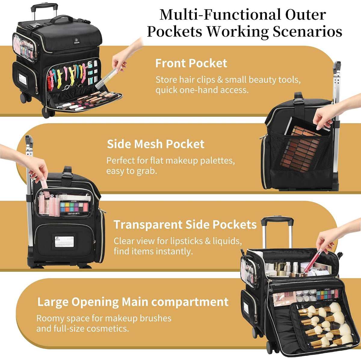 Relavel Rolling Makeup Train Case with 7pcs Traveling Bags and 4 Removable 360° Spinner Wheels