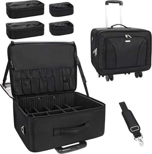 Rolling Extra Large 3-Layer Makeup Train Case With 4 360° Spinner Wheels, Adjustable Dividers