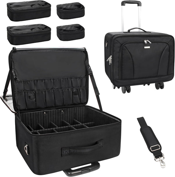 Rolling Extra Large 3-Layer Makeup Train Case With 4 Removable 360° Spinner Wheels, Adjustable Dividers