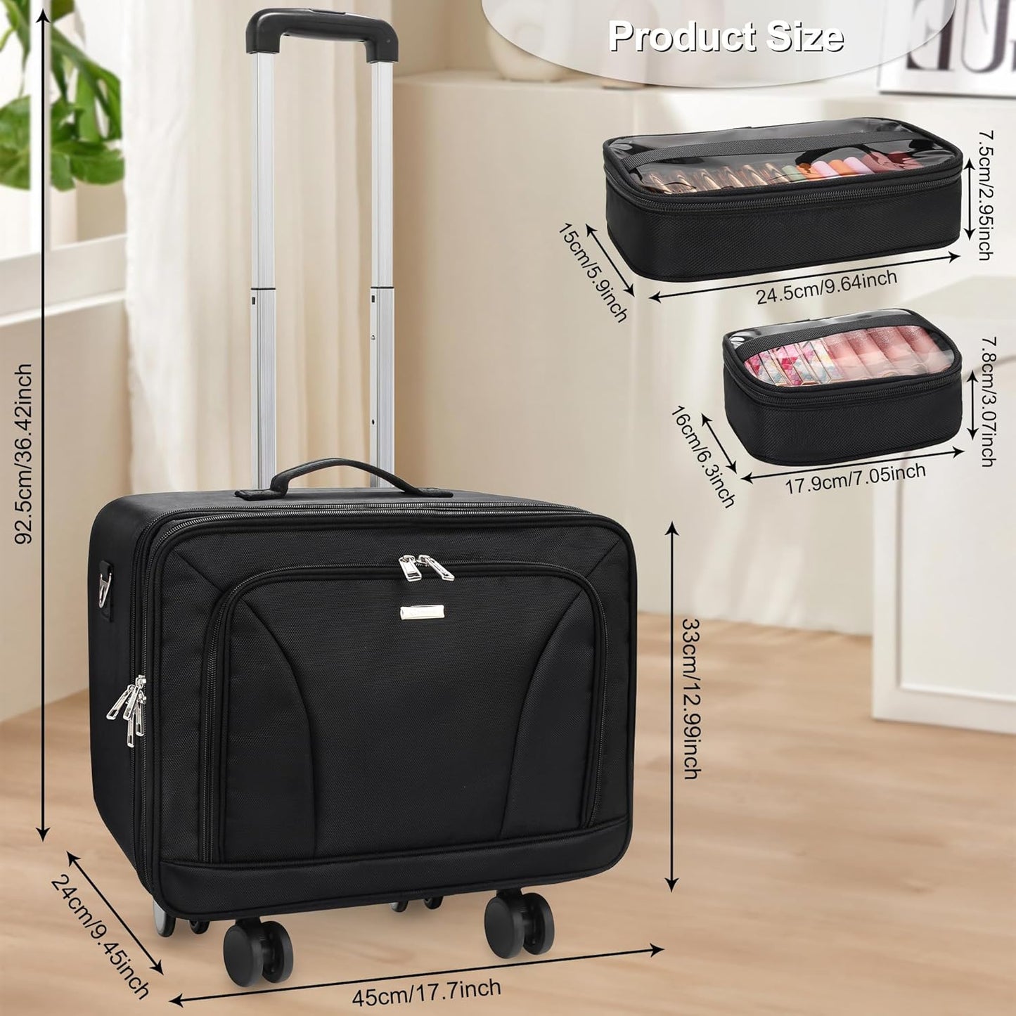 Rolling Extra Large 3-Layer Makeup Train Case With 4 360° Spinner Wheels, Adjustable Dividers