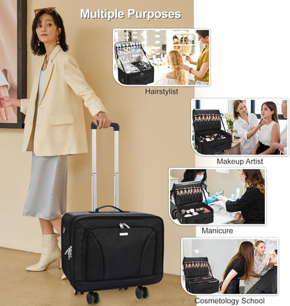 Rolling Extra Large 3-Layer Makeup Train Case With 4 360° Spinner Wheels, Adjustable Dividers