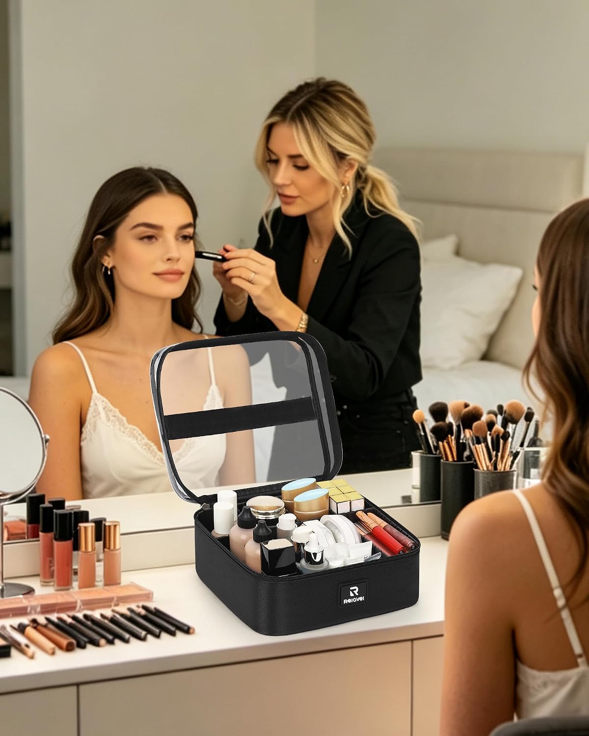 Relavel Small Makeup Case with Plastic Dividers and Clear Lid