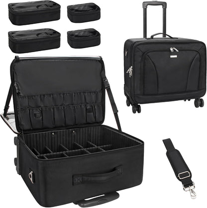 Rolling Extra Large 3-Layer Makeup Train Case With 4 360° Spinner Wheels, Adjustable Dividers