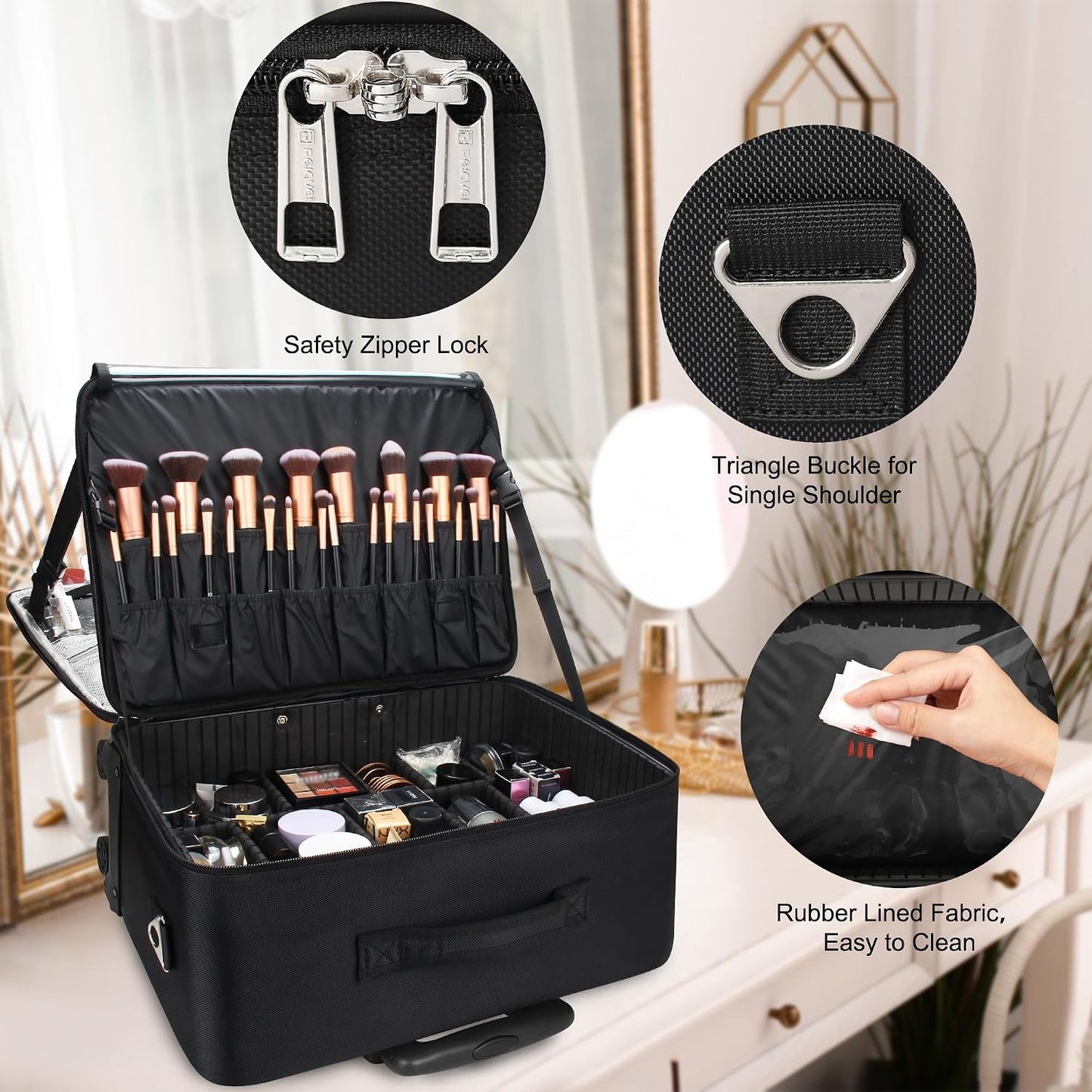 Rolling Extra Large 3-Layer Makeup Train Case With 4 360° Spinner Wheels, Adjustable Dividers