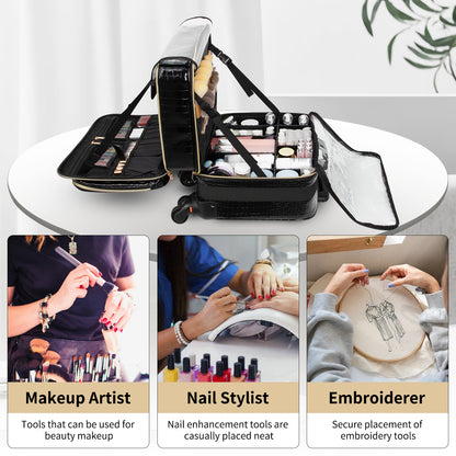 Rolling Extra Large 3 Layers Makeup Train Case with 3pcs Traveling Bags