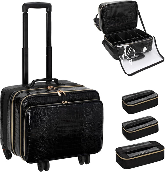 Rolling Extra Large 3 Layers Makeup Train Case with 3pcs Traveling Bags