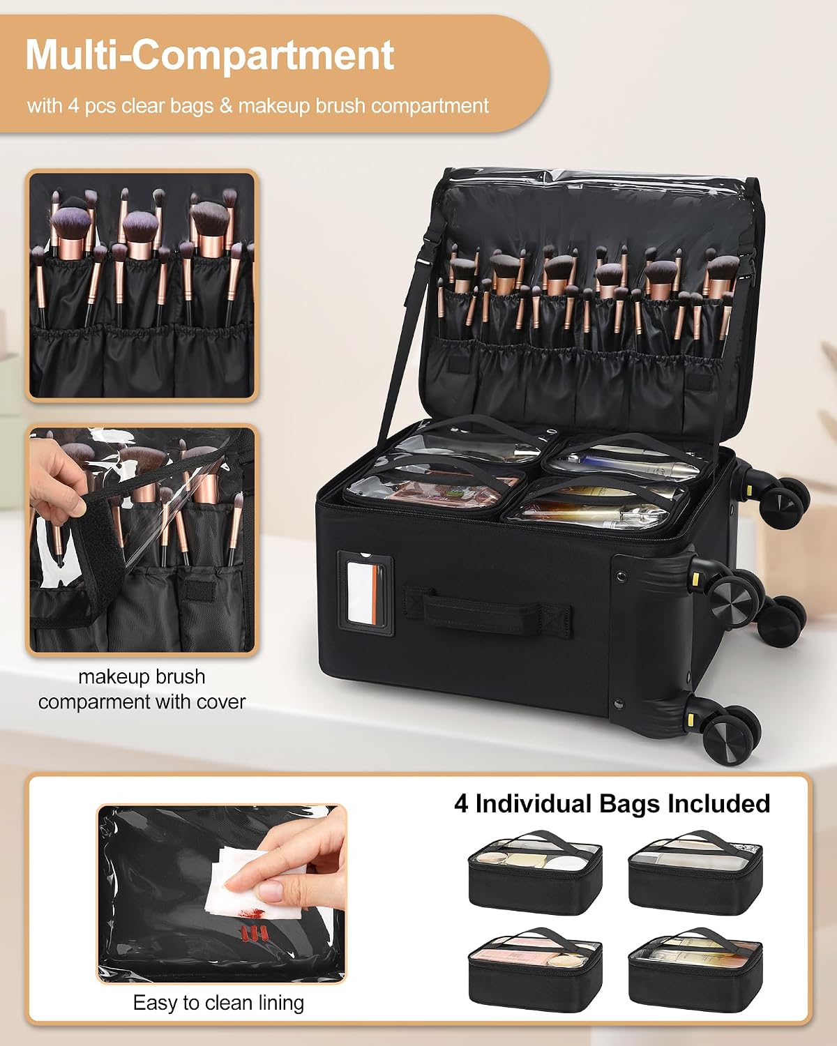 Rolling Vertical Makeup Case with 4 Clear Set Bags and 4 Removable 360° Spinner Wheels