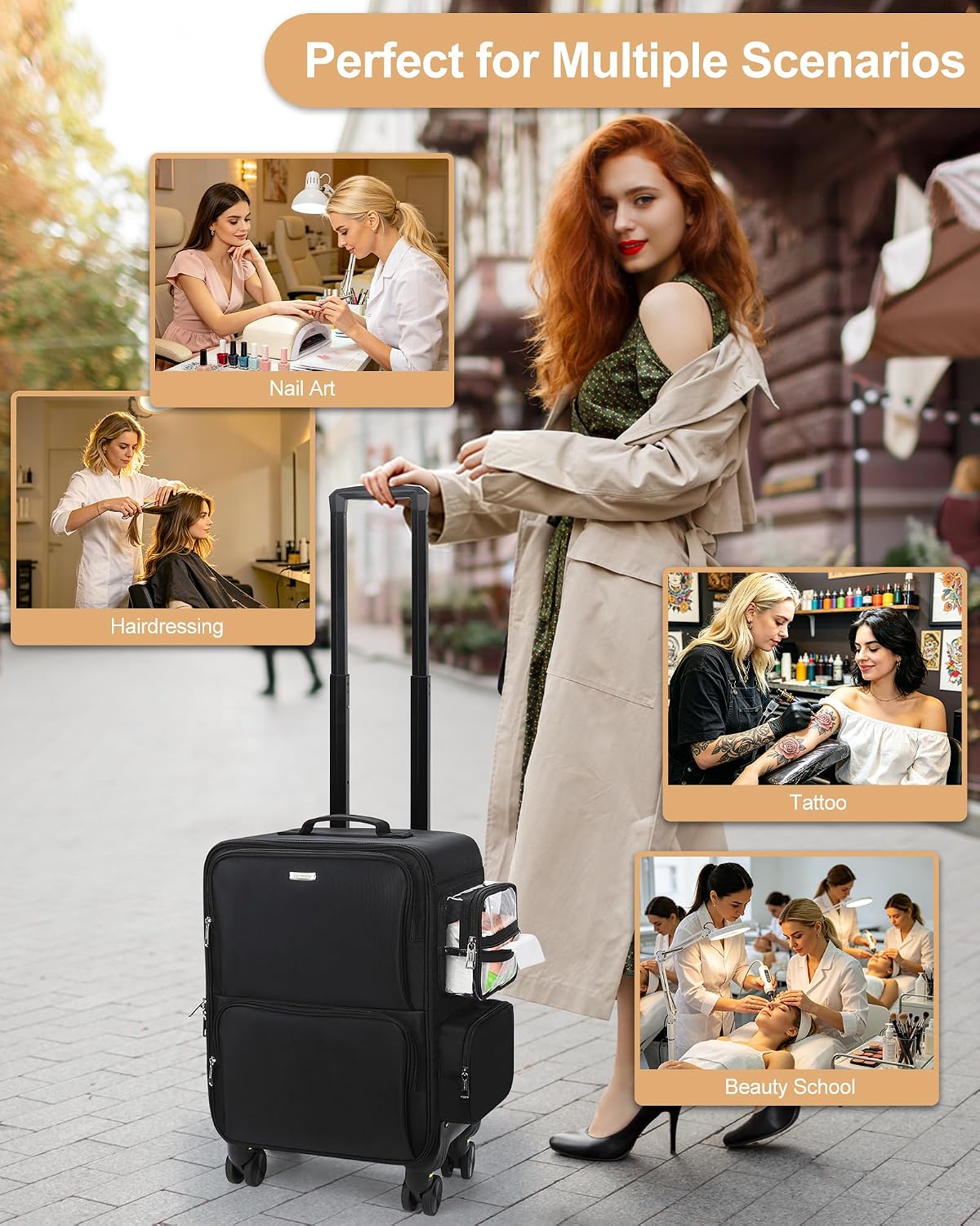 Rolling Vertical Makeup Case with 4 Clear Set Bags and 4 Removable 360° Spinner Wheels