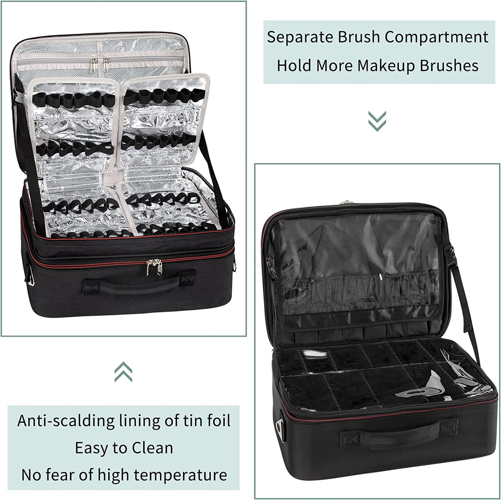 Black Extra Large Makeup Case with Washable Plastic Divider and Heat I –  Relavel