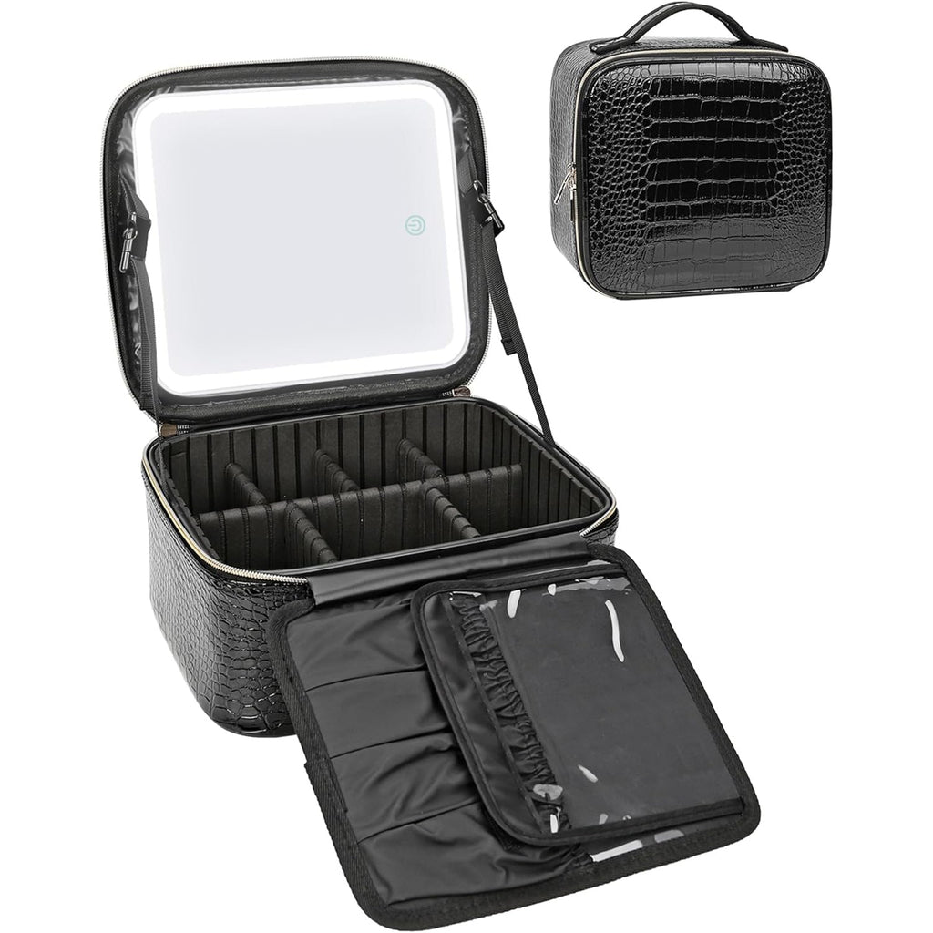fold out travel makeup bag Relavel Black Small Makeup Case with Light Up Mirror Black