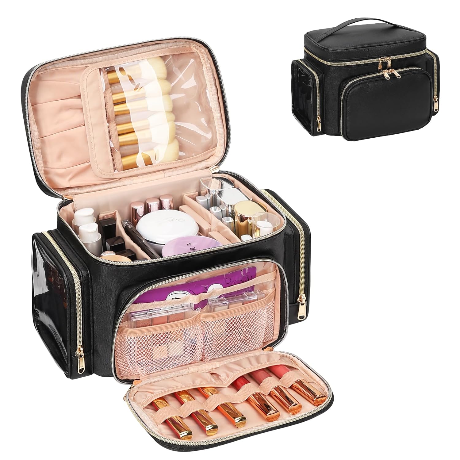 Large Makeup Bag with Makeup Brush Compartment & Two Side Pockets ...
