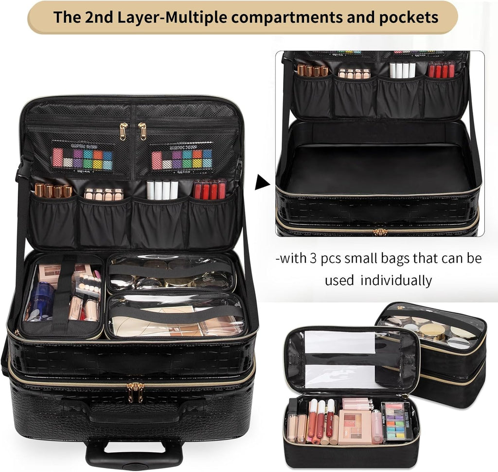 relavel Rolling Extra Large 3 Layers Makeup Train Case with 3pcs Traveling Bags